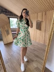 Green shirt collar poplin dress