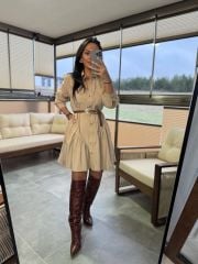 Mk 178 Tensel Bej Kemerli Gömlek Elbise