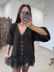Po 2839 Tül Etek Detaylı Acı Kahve Triko Hırka