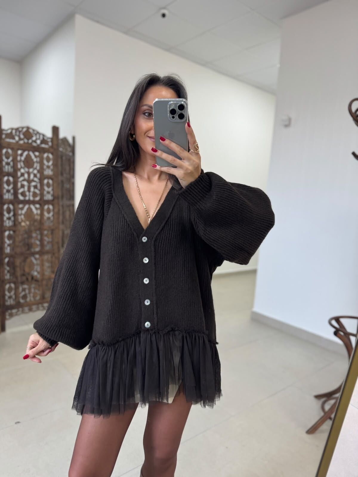 Po 2839 Tül Etek Detaylı Acı Kahve Triko Hırka