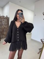 Po 2839 Tül Etek Detaylı Acı Kahve Triko Hırka