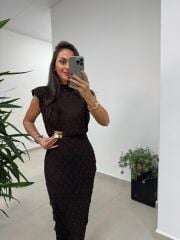 Ny 3022 Broş Detaylı A. Kahve Dantel Elbise