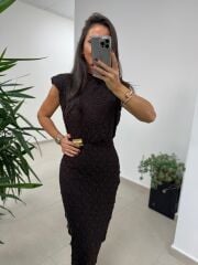 Ny 3022 Broş Detaylı A. Kahve Dantel Elbise