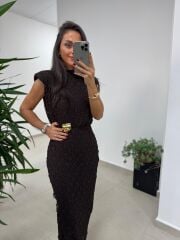 Ny 3022 Broş Detaylı A. Kahve Dantel Elbise