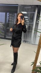 Tasarım Gömlek Detaylı Siyah Saten Elbise