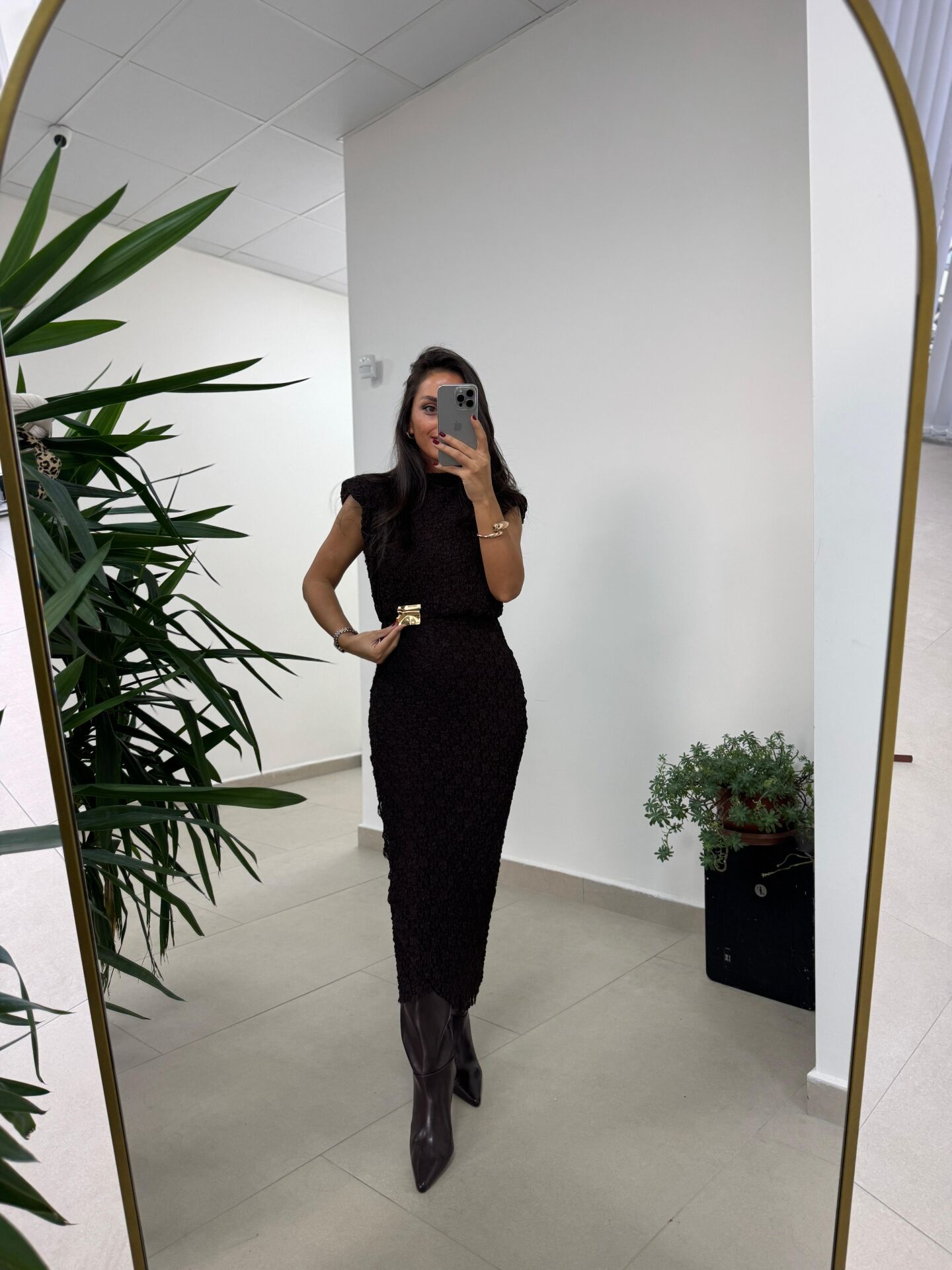 Ny 3022 Broş Detaylı A. Kahve Dantel Elbise