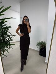 Ny 3022 Broş Detaylı A. Kahve Dantel Elbise