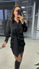 Tasarım Gömlek Detaylı Siyah Saten Elbise