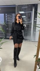 Tasarım Gömlek Detaylı Siyah Saten Elbise