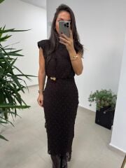 Ny 3022 Broş Detaylı A. Kahve Dantel Elbise