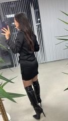 Tasarım Gömlek Detaylı Siyah Saten Elbise