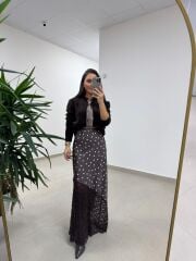 Mz 22827 Puantiye Detaylı Dantel Kahve Etek