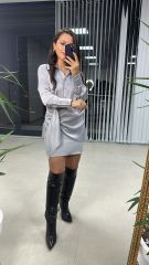 Tasarım Gömlek Detaylı Gri Saten Elbise