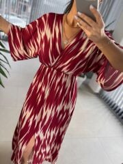 My 3154 Bordo-Bej Desenli Viskon Elbise