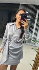 Tasarım Gömlek Detaylı Gri Saten Elbise