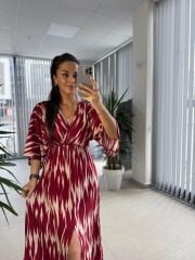 My 3154 Bordo-Bej Desenli Viskon Elbise