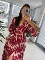 My 3154 Bordo-Bej Desenli Viskon Elbise