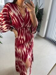 My 3154 Bordo-Bej Desenli Viskon Elbise