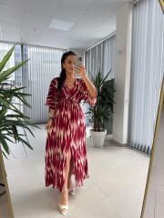 My 3154 Bordo-Bej Desenli Viskon Elbise