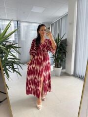 My 3154 Bordo-Bej Desenli Viskon Elbise