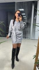Tasarım Gömlek Detaylı Gri Saten Elbise