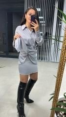 Tasarım Gömlek Detaylı Gri Saten Elbise