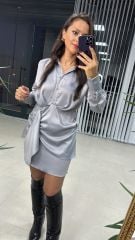 Tasarım Gömlek Detaylı Gri Saten Elbise