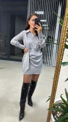 Tasarım Gömlek Detaylı Gri Saten Elbise