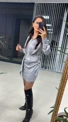 Tasarım Gömlek Detaylı Gri Saten Elbise