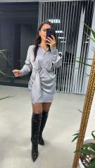 Tasarım Gömlek Detaylı Gri Saten Elbise