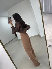 Fp 51078 Gold Düğmeli Bel Lastikli Camel Palazzo Pantolon