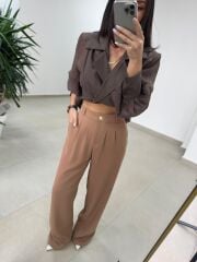 Fp 51078 Gold Düğmeli Bel Lastikli Camel Palazzo Pantolon