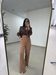 Fp 51078 Gold Düğmeli Bel Lastikli Camel Palazzo Pantolon