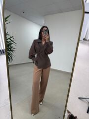 Fp 51078 Gold Düğmeli Bel Lastikli Camel Palazzo Pantolon