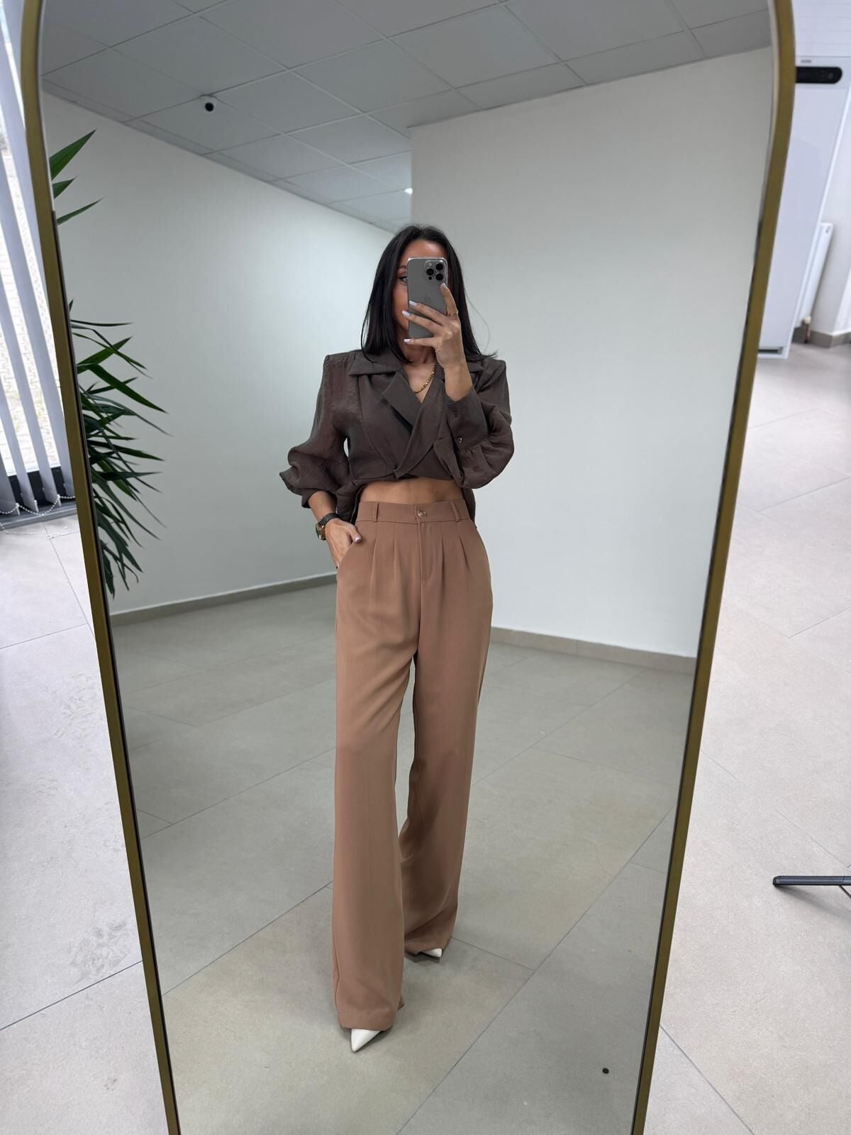 Fp 51078 Gold Düğmeli Bel Lastikli Camel Palazzo Pantolon