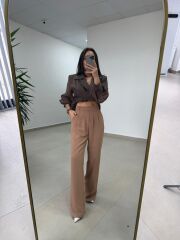 Fp 51078 Gold Düğmeli Bel Lastikli Camel Palazzo Pantolon