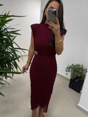 Ny 3022 Broş Detaylı Bordo Dantel Elbise