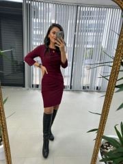 Mc Pens Detaylı Bordo Elbise