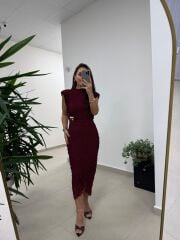 Ny 3022 Broş Detaylı Bordo Dantel Elbise