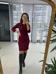 Mc Pens Detaylı Bordo Elbise