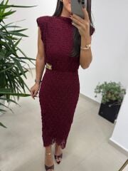 Ny 3022 Broş Detaylı Bordo Dantel Elbise