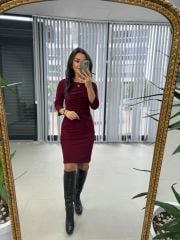 Mc Pens Detaylı Bordo Elbise