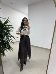 Mz 22756 Kahve-İndigo Desenli Etek