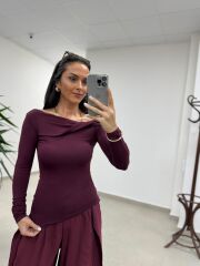 İv 25252 Madonna Yaka Düğüm Detaylı Bordo Bluz