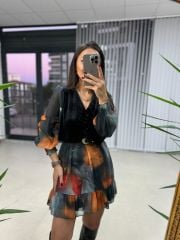Kadife Yelekli Turuncu Zebra Elbise