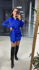 Tasarım Gömlek Detaylı Saks Saten Elbise