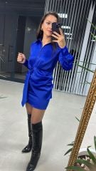 Tasarım Gömlek Detaylı Saks Saten Elbise