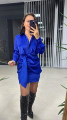 Tasarım Gömlek Detaylı Saks Saten Elbise