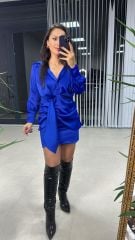 Tasarım Gömlek Detaylı Saks Saten Elbise