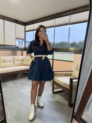 Mk 178 Tensel Petrol Mavi Kemerli Gömlek Elbise